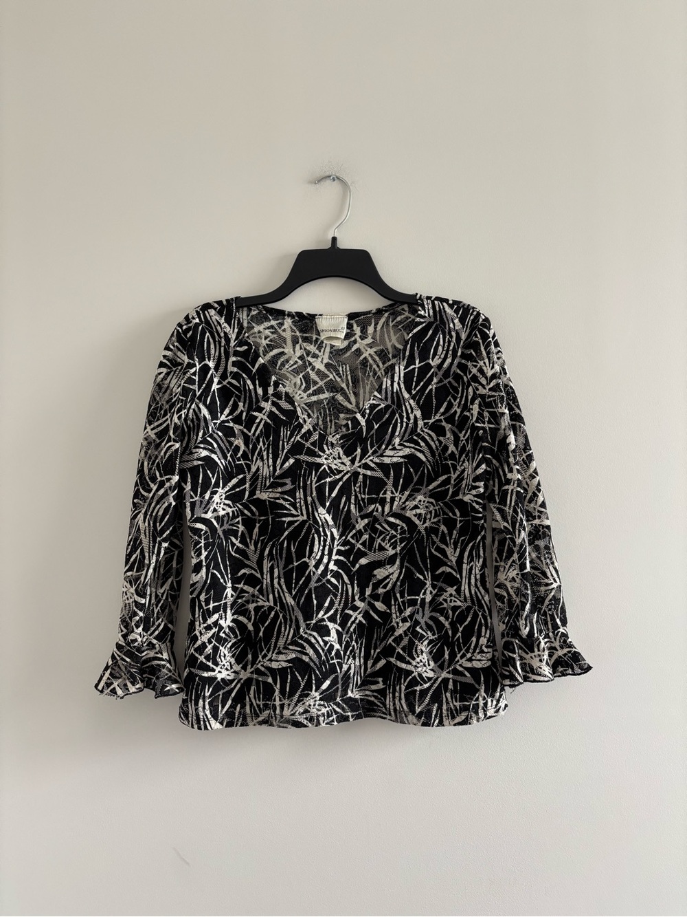 VTG Fashion Bug Top Black White Lace Sheer Flare Sleeve Women L USA 90s Boho